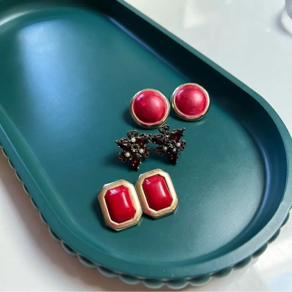 3 Pairs Vintage Mixed Decades 1960s-1980s Red Toned Clip Earrings Lot
